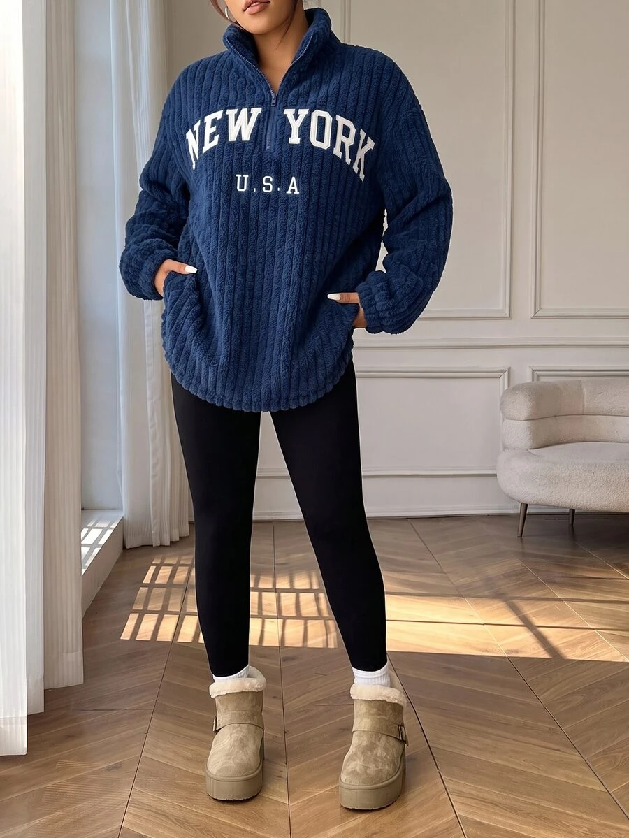 SHEIN EZwear Plus Size 2 Pieces Set: Navy Blue Casual Letter Print Zip-Up Fleece Hoodie And Slim Fit Yoga Pants, Versatile Plus Size Style, Suitable For Autumn/Winter - Navy Blue - View 1