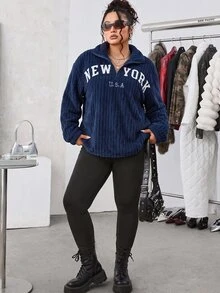 SHEIN EZwear Plus Size 2 Pieces Set: Navy Blue Casual Letter Print Zip-Up Fleece Hoodie And Slim Fit Yoga Pants, Versatile Plus Size Style, Suitable For Autumn/Winter - Navy Blue - View 7