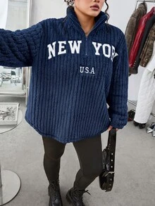 SHEIN EZwear Plus Size 2 Pieces Set: Navy Blue Casual Letter Print Zip-Up Fleece Hoodie And Slim Fit Yoga Pants, Versatile Plus Size Style, Suitable For Autumn/Winter - Navy Blue - View 3