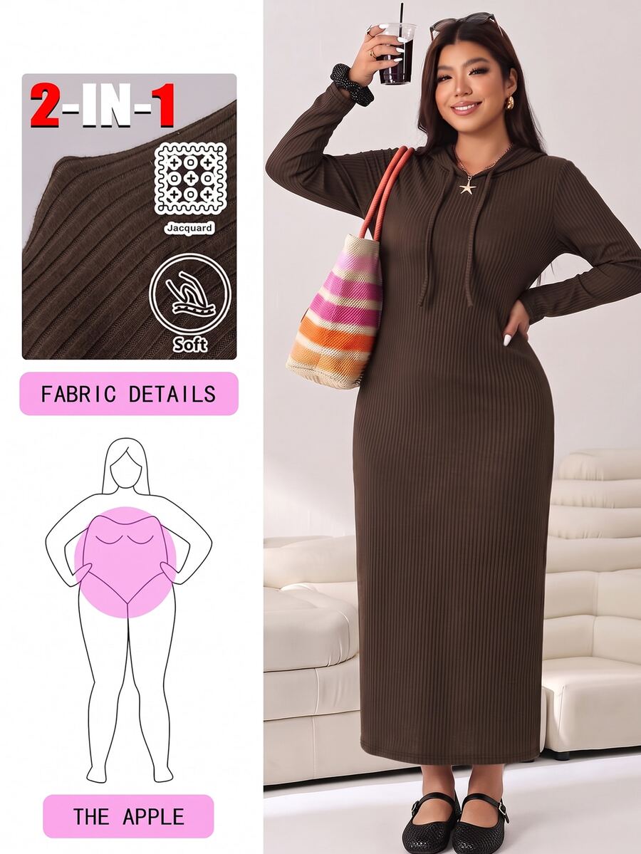 Solflare Plus Size Women's Solid Color Split Design Casual Minimalist Summer Hooded Dress - Chocolate Brown - View 1