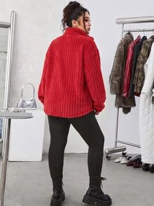 SHEIN EZwear Plus Size 2 Pieces Set: Red Casual Letter Print Zip-Up Fleece Hoodie And Slim Fit Yoga Pants, Versatile Plus Size Style, Suitable For Autumn/Winter - Red - View 2