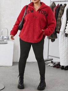 SHEIN EZwear Plus Size 2 Pieces Set: Red Casual Letter Print Zip-Up Fleece Hoodie And Slim Fit Yoga Pants, Versatile Plus Size Style, Suitable For Autumn/Winter - Red - View 3