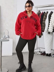 SHEIN EZwear Plus Size 2 Pieces Set: Red Casual Letter Print Zip-Up Fleece Hoodie And Slim Fit Yoga Pants, Versatile Plus Size Style, Suitable For Autumn/Winter - Red - View 4