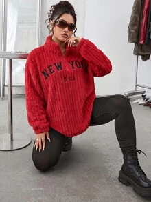 SHEIN EZwear Plus Size 2 Pieces Set: Red Casual Letter Print Zip-Up Fleece Hoodie And Slim Fit Yoga Pants, Versatile Plus Size Style, Suitable For Autumn/Winter - Red - View 7