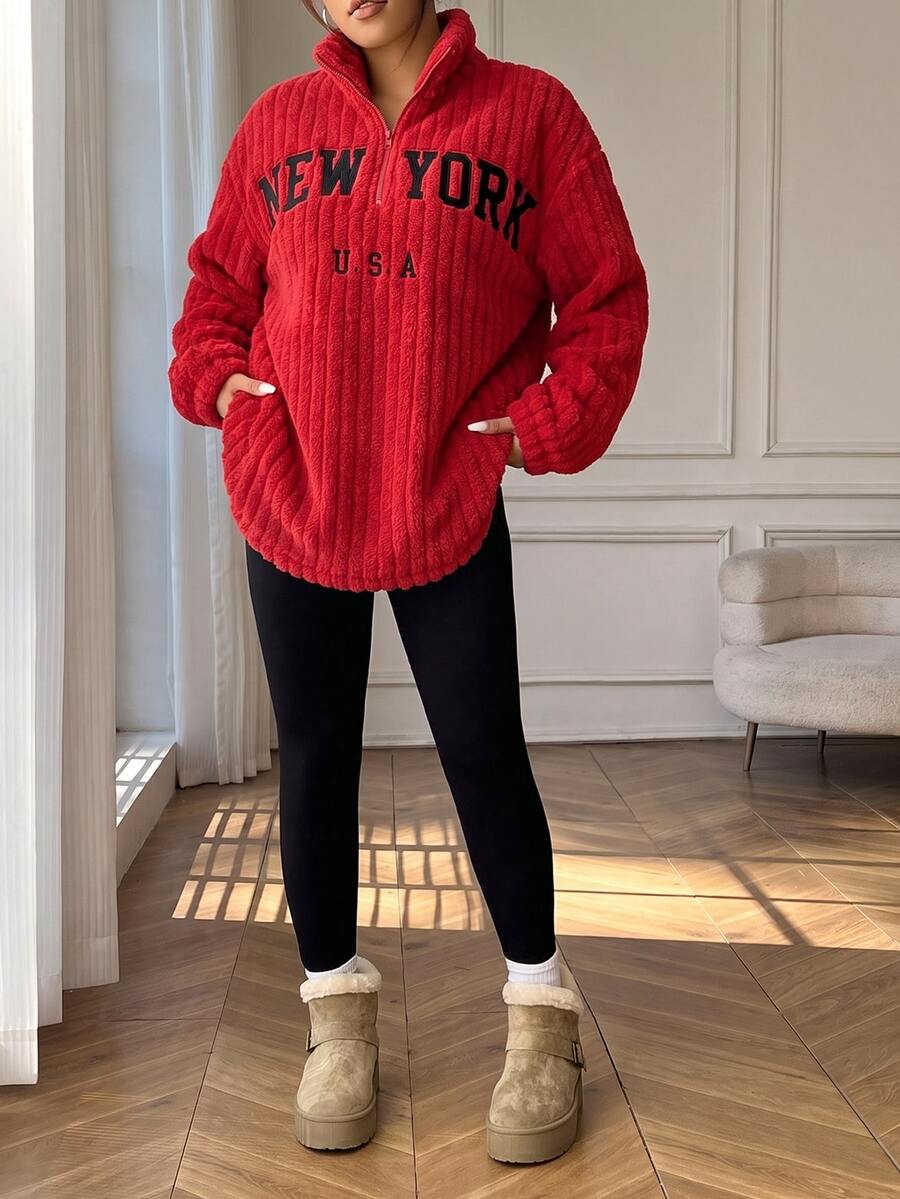 SHEIN EZwear Plus Size 2 Pieces Set: Red Casual Letter Print Zip-Up Fleece Hoodie And Slim Fit Yoga Pants, Versatile Plus Size Style, Suitable For Autumn/Winter - Red - View 1