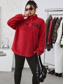 SHEIN EZwear Plus Size 2 Pieces Set: Red Casual Letter Print Zip-Up Fleece Hoodie And Slim Fit Yoga Pants, Versatile Plus Size Style, Suitable For Autumn/Winter - Red - View 6