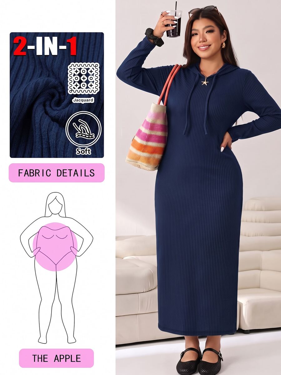 Solflare Autumn/Winter Casual Versatile Navy Blue Plus Size Women's Drawstring Hooded Dress Fall - Navy Blue - View 1