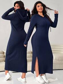 Solflare Autumn/Winter Casual Versatile Navy Blue Plus Size Women's Drawstring Hooded Dress Fall - Navy Blue - View 3