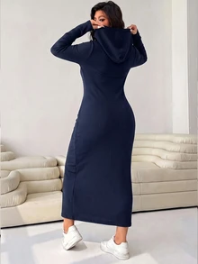 Solflare Autumn/Winter Casual Versatile Navy Blue Plus Size Women's Drawstring Hooded Dress Fall - Navy Blue - View 2
