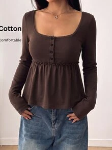 CovetEZ Brown Comfortable Pure Cotton Long Sleeve Ruffle Hem A-Line Casual Plus Size T-Shirt, Autumn Style Fall - Brown - View 4