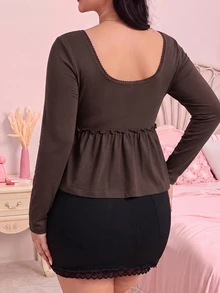 CovetEZ Brown Comfortable Pure Cotton Long Sleeve Ruffle Hem A-Line Casual Plus Size T-Shirt, Autumn Style Fall - Brown - View 2