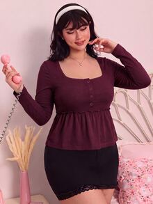 CovetEZ New Comfortable Pure Cotton Long Sleeve Ruffle Hem A-Line Casual Plus Size T-Shirt Fall - Burgundy - View 6