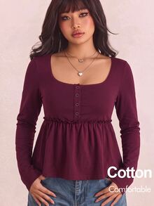 CovetEZ New Comfortable Pure Cotton Long Sleeve Ruffle Hem A-Line Casual Plus Size T-Shirt Fall - Burgundy - View 1