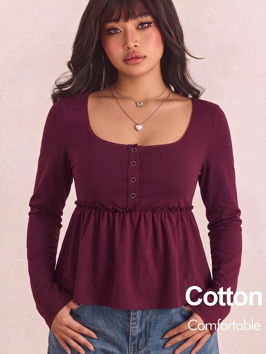 CovetEZ New Comfortable Pure Cotton Long Sleeve Ruffle Hem A-Line Casual Plus Size T-Shirt Fall - Burgundy - View 1