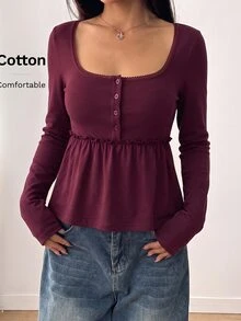 CovetEZ New Comfortable Pure Cotton Long Sleeve Ruffle Hem A-Line Casual Plus Size T-Shirt Fall - Burgundy - View 3