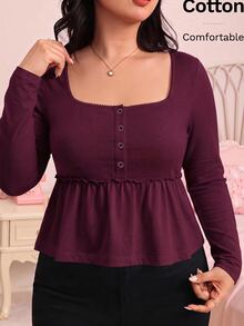 CovetEZ New Comfortable Pure Cotton Long Sleeve Ruffle Hem A-Line Casual Plus Size T-Shirt Fall - Burgundy - View 5