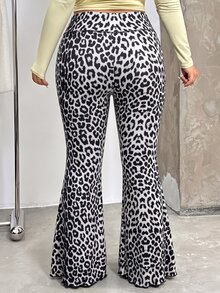 Muchica Plus Size Leopard Print Flared Jeans, Autumn/Winter Fall - Dark Grey - View 2
