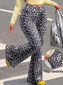 Muchica Plus Size Leopard Print Flared Jeans, Autumn/Winter Fall - Dark Grey - View 1