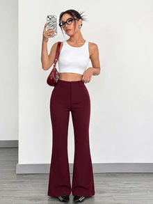 SHEIN EZwear Plus Size Women Solid Color Casual Versatile Daily Wear Long Pants Fall - Burgundy - View 4