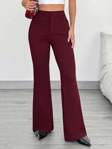 SHEIN EZwear Plus Size Women Solid Color Casual Versatile Daily Wear Long Pants Fall - Burgundy - View 3