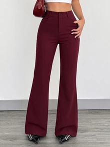 SHEIN EZwear Plus Size Women Solid Color Casual Versatile Daily Wear Long Pants Fall - Burgundy - View 1