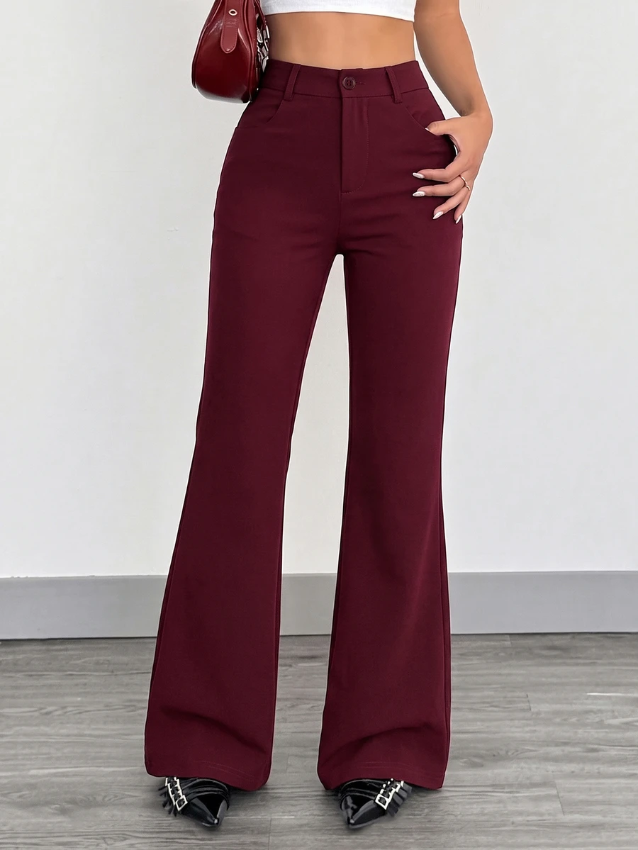 SHEIN EZwear Plus Size Women Solid Color Casual Versatile Daily Wear Long Pants Fall - Burgundy - View 1