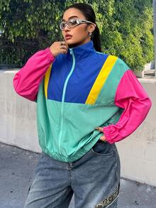 Muchica 大尺碼女款拼色前拉鍊輕便夾克，休閒寬鬆 Modchic 秋/冬風格，適合秋季辦公室、外出、派對，藍色 - 彩色 - 查看 5