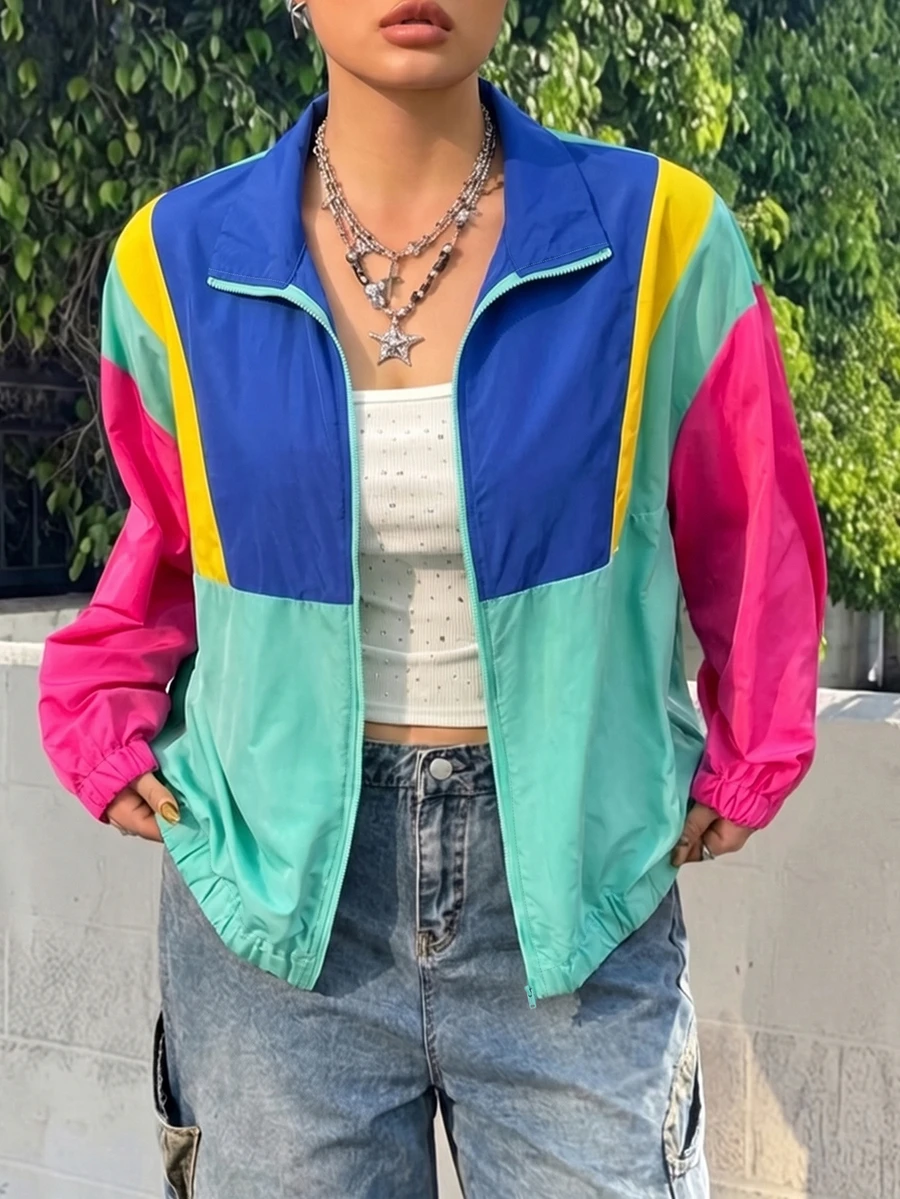 Muchica 大尺碼女款拼色前拉鍊輕便夾克,休閒寬鬆 Modchic 秋/冬風格,適合秋季辦公室、外出、派對,藍色 - 彩色 - 查看 1