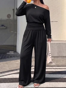 Muchica 大尺碼女款純色不對稱單肩上衣與長褲休閒優雅日常兩件套 秋季居家外出穿著 黑色 - 黑色 - 查看 6