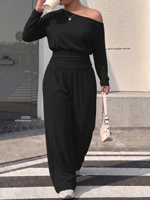 Muchica 大尺碼女款純色不對稱單肩上衣與長褲休閒優雅日常兩件套 秋季居家外出穿著 黑色 - 黑色 - 查看 4