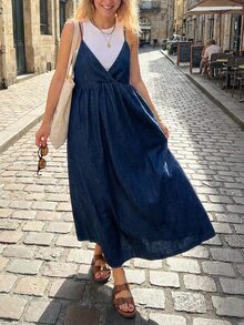 FRIFUL Vestido de tirantes de mezclilla holgado, versátil y de unicolor para mujer, para el verano - Azul - Ver 9