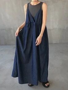 FRIFUL Vestido de tirantes de mezclilla holgado, versátil y de unicolor para mujer, para el verano - Azul - Ver 18