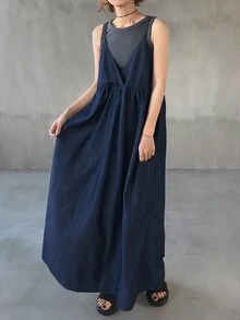 FRIFUL Vestido de tirantes de mezclilla holgado, versátil y de unicolor para mujer, para el verano - Azul - Ver 8