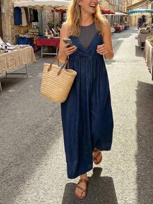 FRIFUL Vestido de tirantes de mezclilla holgado, versátil y de unicolor para mujer, para el verano - Azul - Ver 11