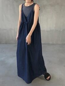 FRIFUL Vestido de tirantes de mezclilla holgado, versátil y de unicolor para mujer, para el verano - Azul - Ver 5