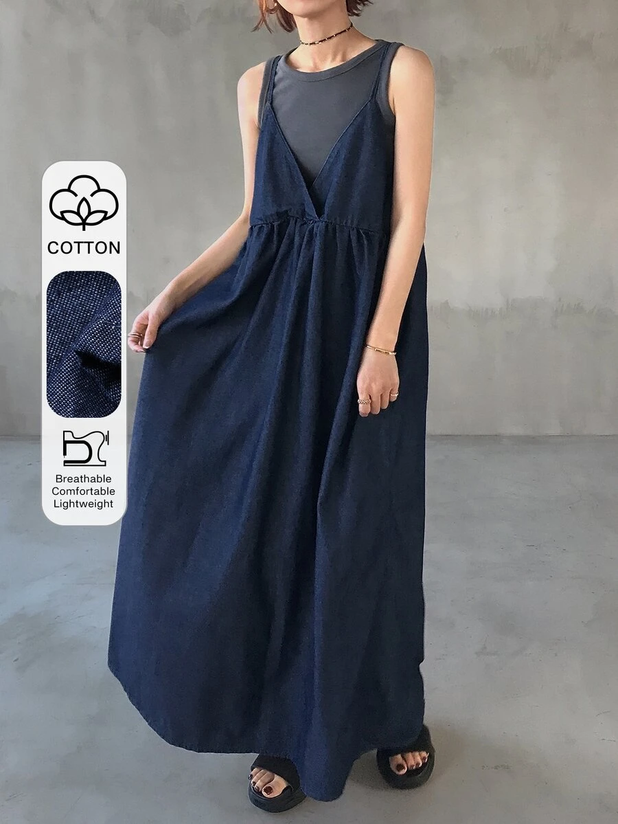 FRIFUL Vestido de tirantes de mezclilla holgado, versátil y de unicolor para mujer, para el verano - Azul - Ver 1