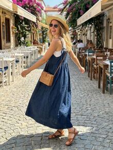 FRIFUL Vestido de tirantes de mezclilla holgado, versátil y de unicolor para mujer, para el verano - Azul - Ver 10