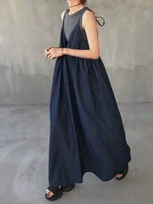 FRIFUL Vestido de tirantes de mezclilla holgado, versátil y de unicolor para mujer, para el verano - Azul - Ver 6