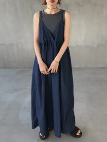 FRIFUL Vestido de tirantes de mezclilla holgado, versátil y de unicolor para mujer, para el verano - Azul - Ver 4