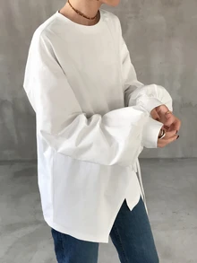FRIFUL 女款圓領寬鬆長袖純色T恤，蝴蝶結裝飾側開衩下擺，白色，適合辦公室與早午餐，秋季法式休閒優雅風 - 白色 - 查看 2