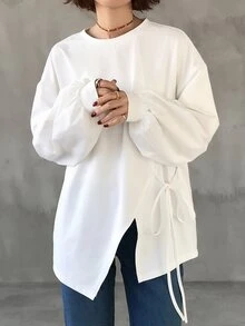 FRIFUL 女款圓領寬鬆長袖純色T恤，蝴蝶結裝飾側開衩下擺，白色，適合辦公室與早午餐，秋季法式休閒優雅風 - 白色 - 查看 6
