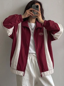 FRIFUL Chaqueta holgada de mujer con bloques de color, ropa de mujer para otoño - Rojo - Ver 7