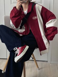FRIFUL Chaqueta holgada de mujer con bloques de color, ropa de mujer para otoño - Rojo - Ver 2