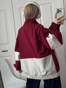 FRIFUL Chaqueta holgada de mujer con bloques de color, ropa de mujer para otoño - Rojo - Ver 6
