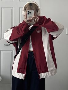 FRIFUL Chaqueta holgada de mujer con bloques de color, ropa de mujer para otoño - Rojo - Ver 4