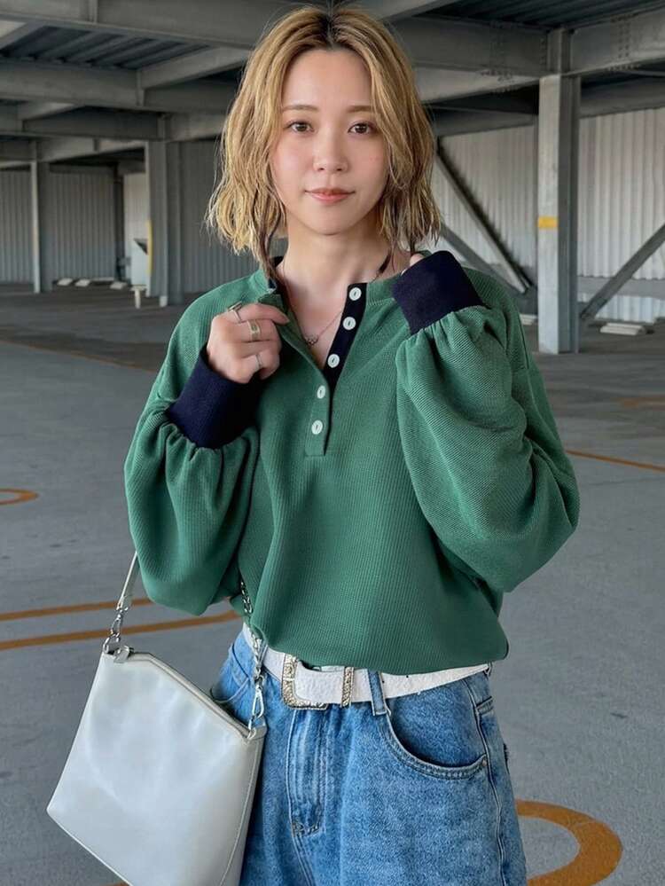 FRIFUL Contrast Trim Half Button Drop Shoulder Tee School College Green And Blue Autumn Casual 80s Retro Preppy Everyday Going Out Travel Travel - Grey - View 8