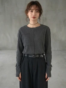 FRIFUL Women's Round Neck Loose Fit Wavy Trim Detail Solid Color Long Sleeve Casual Street Minimalist T-Shirt Everyday Daytime Dark Grey Autumn - White - View 7