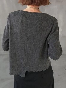 FRIFUL Women's Round Neck Loose Fit Wavy Trim Detail Solid Color Long Sleeve Casual Street Minimalist T-Shirt Everyday Daytime Dark Grey Autumn - White - View 6