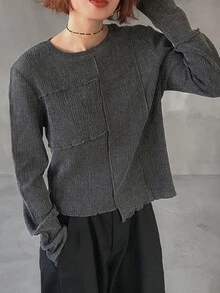 FRIFUL Women's Round Neck Loose Fit Wavy Trim Detail Solid Color Long Sleeve Casual Street Minimalist T-Shirt Everyday Daytime Dark Grey Autumn - White - View 4