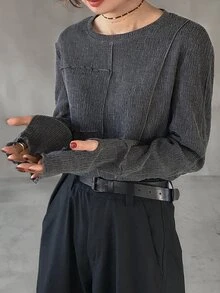 FRIFUL Women's Round Neck Loose Fit Wavy Trim Detail Solid Color Long Sleeve Casual Street Minimalist T-Shirt Everyday Daytime Dark Grey Autumn - White - View 1